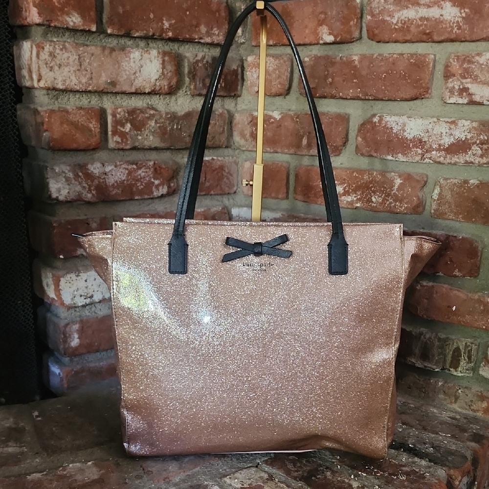 Kate Spade Rose Gold Glitter Tote Bow Black Handles Sparkly Shopper Bag - Picture 2 of 16